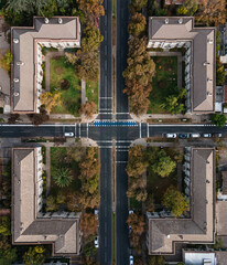 Fototapeta na wymiar Drone view of Las Condes, Santiago , Chile. Simetrical Square at Gertrudis Echeñique with Renato Sanchez
