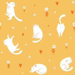 Seamless vector pattern with cute funny white cats, small flowers and red hearts on yellow background.