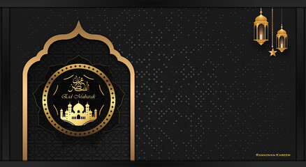 Fototapeta na wymiar Luxury black ramadan kareem background with golden element mosque