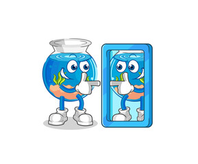 fish bowl looking into mirror cartoon. cartoon mascot vector