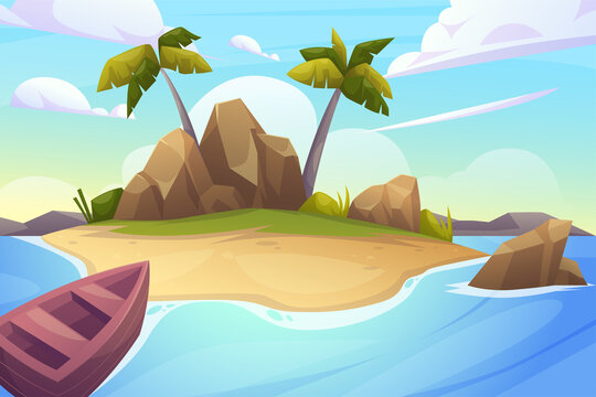 Beach Landscape for summer day background illustration with ship and ocean island