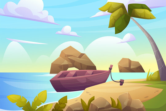 Beach Landscape for summer day background illustration with ship and ocean island
