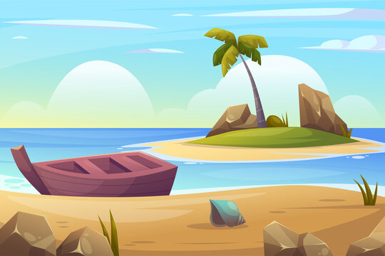 Beach Landscape for summer day background illustration with ship and ocean island