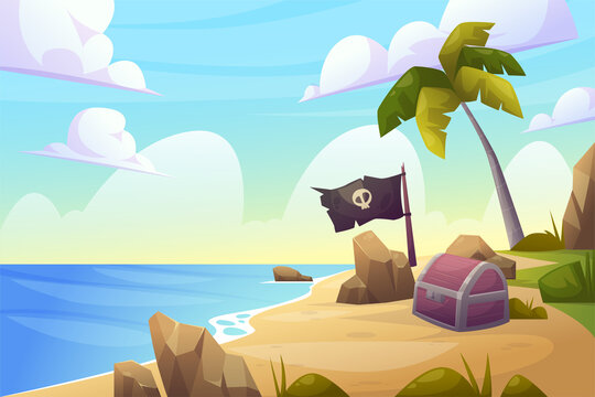 Beach Landscape for summer day background illustration with ship and ocean island