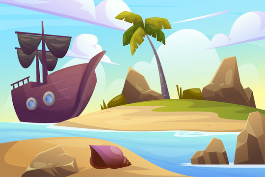 Beach Landscape for summer day background illustration with ship and ocean island