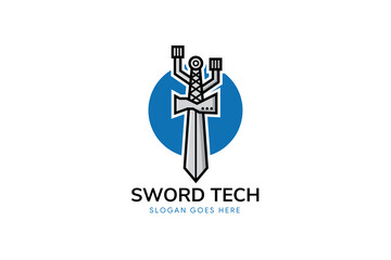 Obraz premium sword tech logo design template. combination of cable data and sword shape in circle using blue colors.