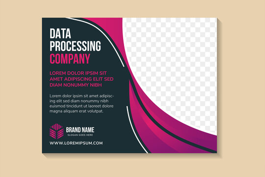 data processing company flyer design template. purple Brochure horizontal Layout. Annual Report business Leaflet black cover Presentation Modern dark background. Space for photo and text