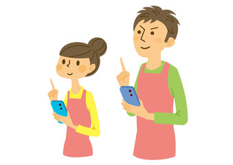 男女　スマホ　エプロン