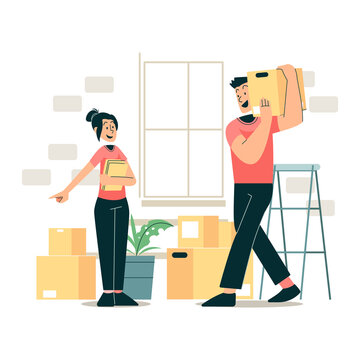 We Have Moved concept vector Illustration idea for landing page template, Family moving, home arrangement, direction for together in home relocation process,  Hand drawn Flat Style