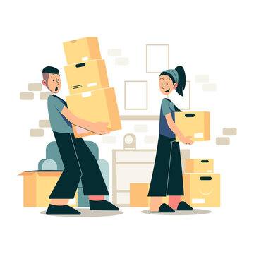We Have Moved concept vector Illustration idea for landing page template, Family moving, home arrangement, direction for together in home relocation process,  Hand drawn Flat Style