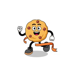 Mascot cartoon of chocolate chip cookie running on finish line
