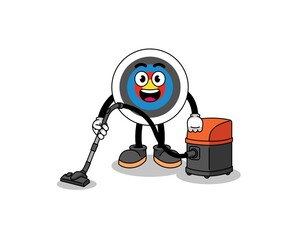 Character mascot of archery target holding vacuum cleaner