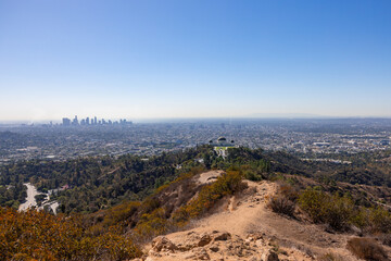 Panorama view from Hollywood Hills over Griffith Park and  Los Angeles