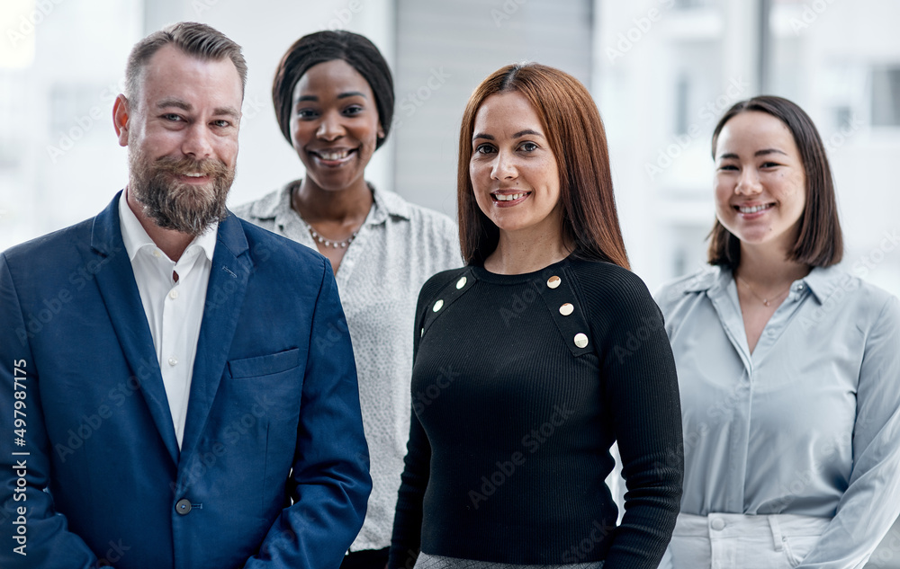 Poster none of us is as smart as all of us. portrait of a group of businesspeople standing together in an o