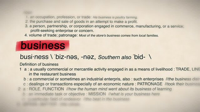 The Word Business Red Highlighted in a Dictionary Animation
