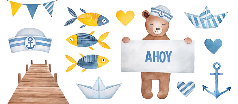 Watercolour illustration collection of various nautical symbols: sailor hat, funny fish, wooden pier, anchor, smiling teddy bear, cute paper boats. Cut out clip art elements for design decoration.