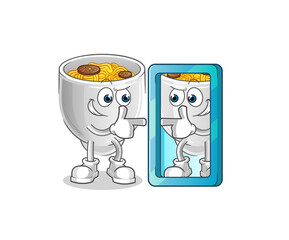 noodle bowl looking into mirror cartoon. cartoon mascot vector