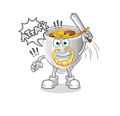 noodle bowl knights attack with sword. cartoon mascot vector