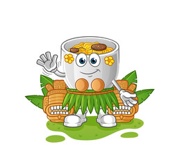 noodle bowl hawaiian waving character. cartoon mascot vector