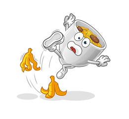 noodle bowl slipped on banana. cartoon mascot vector