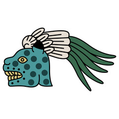 Head of a jaguar in quetzal plume crown. Native American art of Aztec Indians from Mexican codex. Isolated vector illustration. © Olena