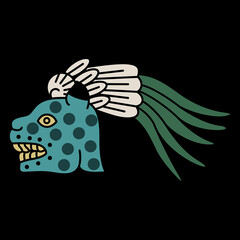 Head of a jaguar in quetzal plume crown. Native American art of Aztec Indians from Mexican codex. On black background. © Olena