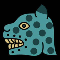 Head of a jaguar or spotted feline cat. Native American art of Aztec Indians from Mexican codex. On black background. © Olena