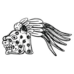 Head of a jaguar in plume crown. Native American art of Aztec Indians from Mexican codex. Hand drawn linear doodle rough sketch. Black silhouette on white background. © Olena