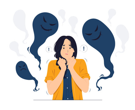 Woman with Schizophrenia, post-traumatic stress mental disorder, shocked, scared, panic, anxiety, frustrated, fear and terrified concept illustration