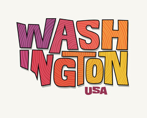 State of Washington with the name distorted into state shape. Pop art style vector illustration for stickers, t-shirts, posters, social media and print media.