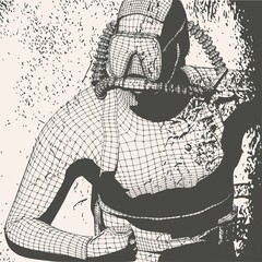 Monochrome silhouette of scuba diver in a combat stance. Mesh grid texture
