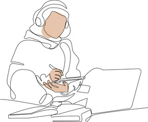 Teen girl school student wear wireless headphone studying online with video call teacher. Online learning concept. Hand drawn in thin line style, vector illustrations. Vector illustration