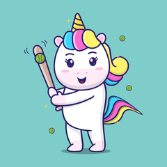 cute unicorn  playing baseball, suitable for children's books, birthday cards, valentine's day, stickers, book covers, greeting cards, printing.  © RAHMAT