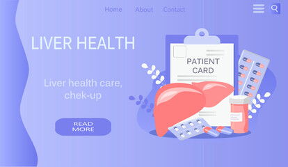vector illustration in a flat style, a banner for a website on the theme of caring for the health of the liver. Liver, patient card and pills