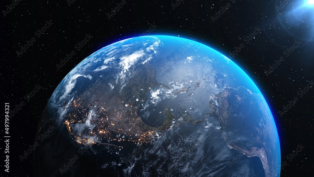 Wall mural planet earth with realistic geography surface and orbital 3d cloud atmosphere . outer space view of 