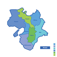 日本の地域図・日本地図 近畿地方 雨の日カラーで色分けしてみた（英語版）