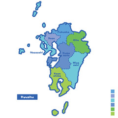 日本の地域図・日本地図 九州地方 雨の日カラーで色分けしてみた（英語版）