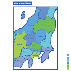 Fototapeta premium 日本の地域図・日本地図 関東広域 雨の日カラーで色分けしてみた（英語版）