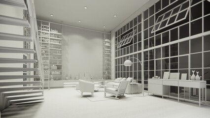 3d rendering. Interior house modern open living space with kitchen.Loft style Duplex apartment residence.Home decoration luxury  interior design.