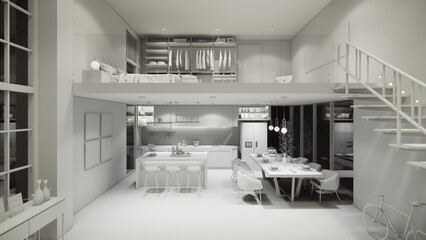3d rendering. Interior house modern open living space with kitchen.Loft style Duplex apartment residence.Home decoration luxury  interior design.