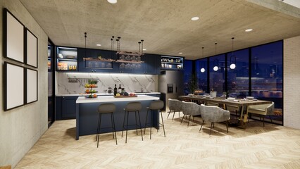 3d rendering. Interior house modern open living space with kitchen.Loft style Duplex apartment residence.Home decoration luxury  interior design.