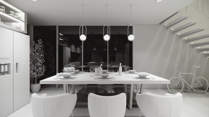 3d rendering. Interior house modern open living space with kitchen.Loft style Duplex apartment residence.Home decoration luxury  interior design.