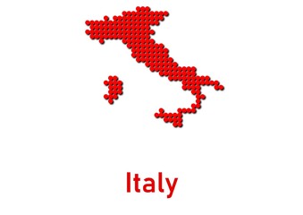 Italy map, map of Italy made of red dot pattern and name.
