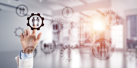 Teamwork concept and choosing gesture of businessperson in elegant modern interior