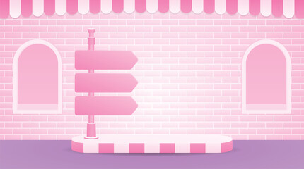 cute pink signpost with podium on sweet pastel pink brick wall with awning and window background 3d illustration vector scene for putting your object in cute girly urban theme