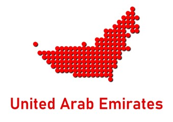 United Arab Emirates map, map of United Arab Emirates made of red dot pattern and name.