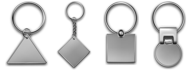 Metal keyring with different chain, leather keychain, holder trinket for key with metal ring. Silver colored accessories. Realistic template metal keychain set. Blank accessory for corporate identity.
