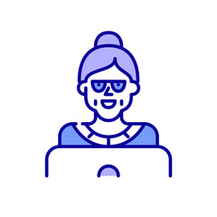Grandma wearing glasses chatting in social media at a laptop. Pixel perfect, editable stroke color icon