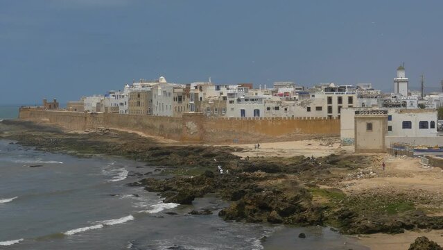 General wide view of Essaouira in Morocco showing the walls and coast
