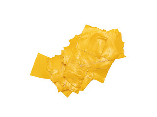 Set of yellow tape on white background Yellow sticky tape torn adhesive pieces.